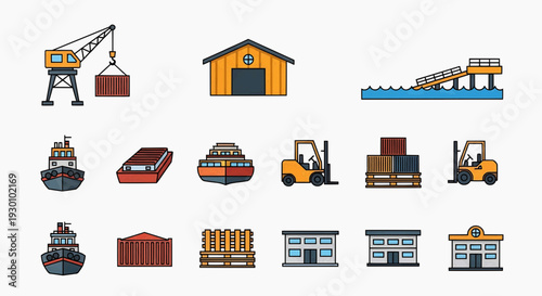 Industrial scene with various machines and vehicles transporting cargo containers