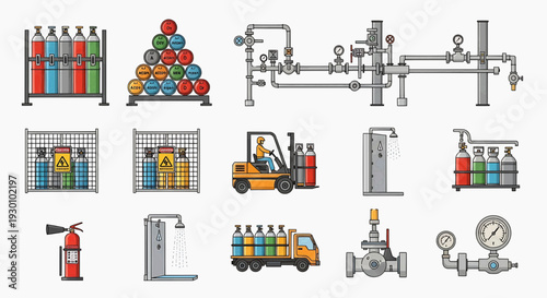 Industrial scene with various factory equipment and vehicles in operation