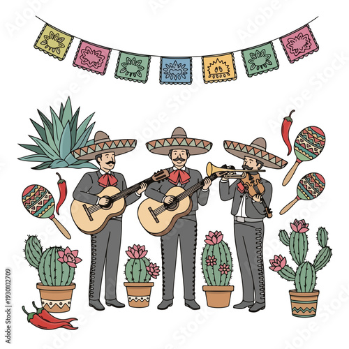 Illustration of a Mariachi band with guitars, violin, and maracas, with cacti