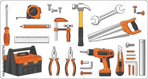 Hand tools vector illustration set with hammer, drill, saw, wrench, pliers, toolbox, and measuring tools for construction, repair, and DIY projects