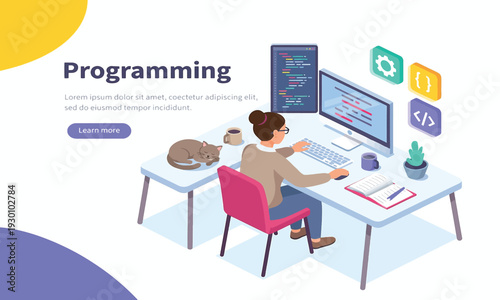 Isometric illustration of a software developer coding applications at a modern desk setup, surrounded by tech tools, showcasing remote work and digital innovation