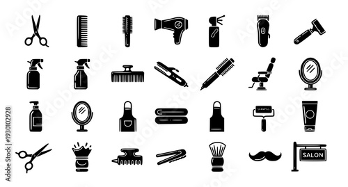A set of black and white vector icons depicting various hairdressing and beauty tools