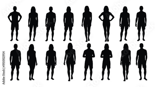 A group of people silhouettes standing in two rows isolated on white background, Vector
