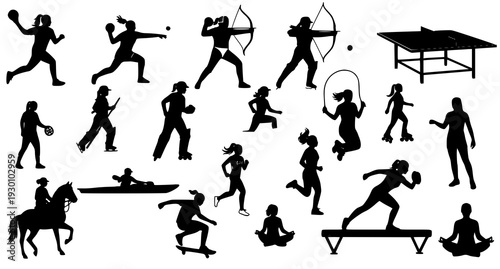 A collection of black silhouette icons depicting various sports and activities
