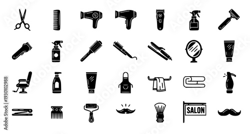 A set of black and white vector icons depicting various barber and salon tools