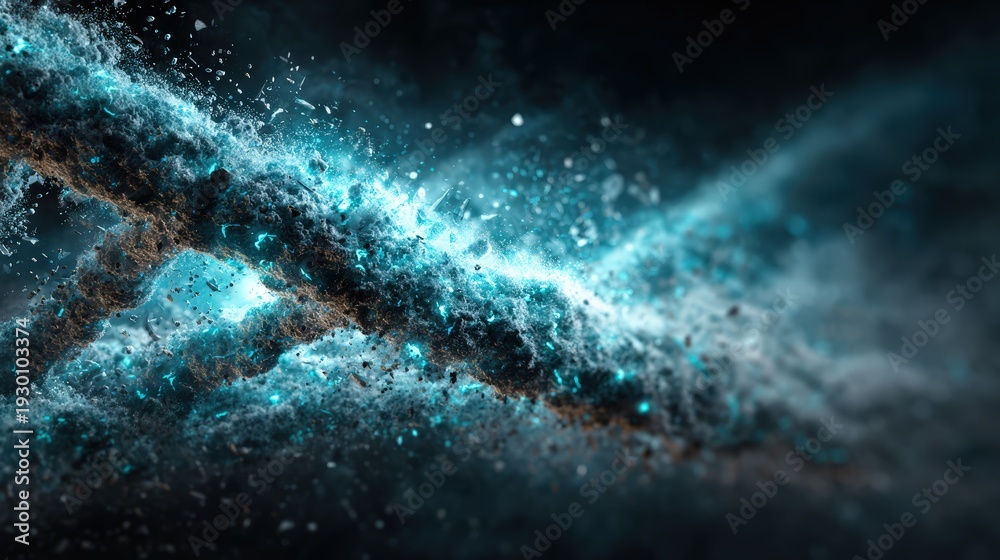 Obraz premium Close-up of a DNA double helix strand with glowing blue particles and molecular structure imagery