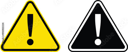Warning alert triangle vector icon set with exclamation mark symbols, yellow and black hazard signs for safety instructions and caution notices