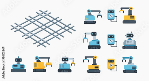 Robots and industrial equipment are operating in a factory setting with grid structure.