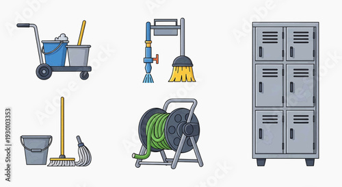 Cleaning tools and equipment for maintenance workers in a locker room facility