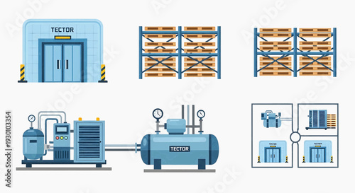 Industrial factory interior with machinery and storage shelves in operation