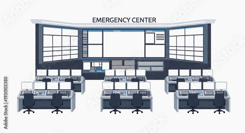 Emergency responders work at computer stations inside a large control room facility