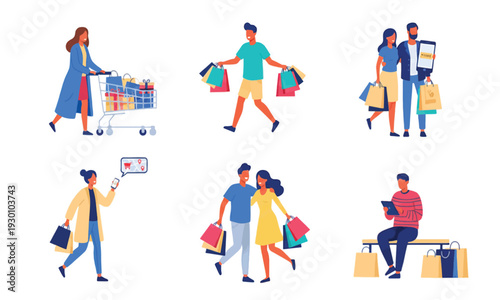 Modern Shopping Habits and Consumer Lifestyle Concepts Diverse Individuals Engaging in Retail Therapy, Online Purchases, and Leisurely Activities