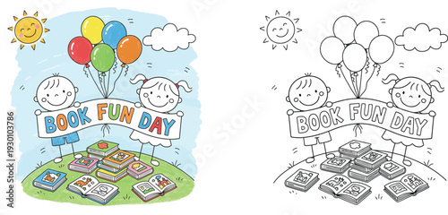 Book Fun Day vector illustration featuring happy children holding a banner with balloons and books including black and white coloring page outline for kids education