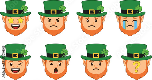 Cartoon leprechaun faces with orange beards and green hats showing eight different emotions, perfect for St. Patrick’s Day design