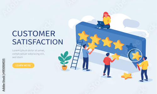 Dynamic isometric illustration of a dedicated business team actively working to improve client experience, collect positive feedback, and achieve top service ratings