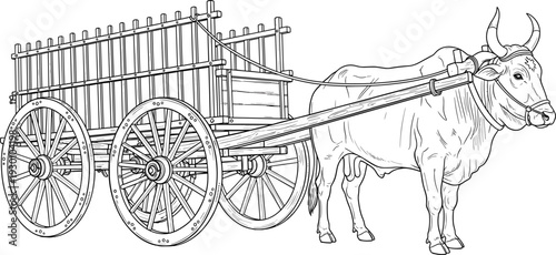 Detailed black and white illustration of traditional ox-drawn cart with wooden wheels and frame, rural transportation and agricultural artwork concept