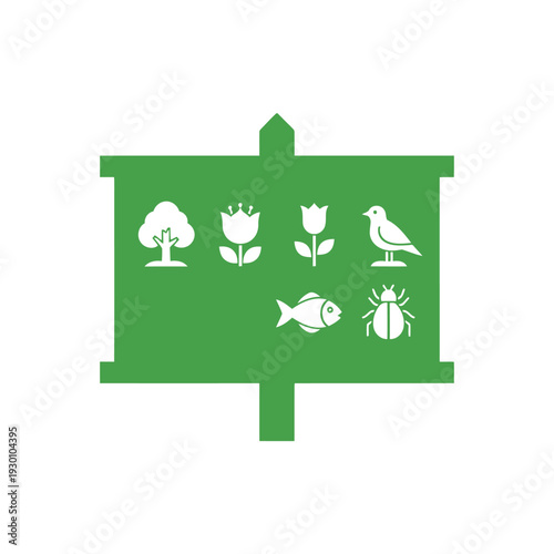 Green garden sign with tree flowers bird fish and beetle