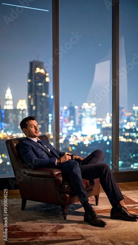 A man in a suit sitting in a chair with a cityscape view at night
