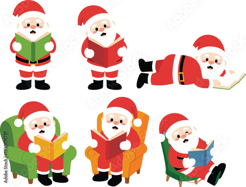 Vector, Illustration, Set, of, Cute, Santa, Claus, Reading, Books, for, Christmas, Identity, Branding, Holiday, Season, Professional, Graphic, Design, Projects, Collection, Elements, Celebration