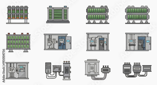Industrial machinery and equipment illustrations viewed from the front in a technical diagram style