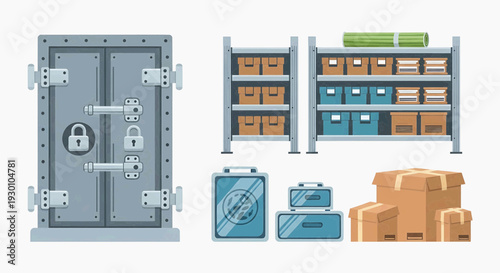 Secure storage facility with vault door, shelving units, crates, and containers viewed from the front