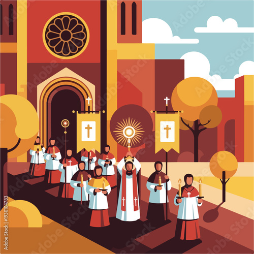 Illustration of a religious procession with church, banners, and people