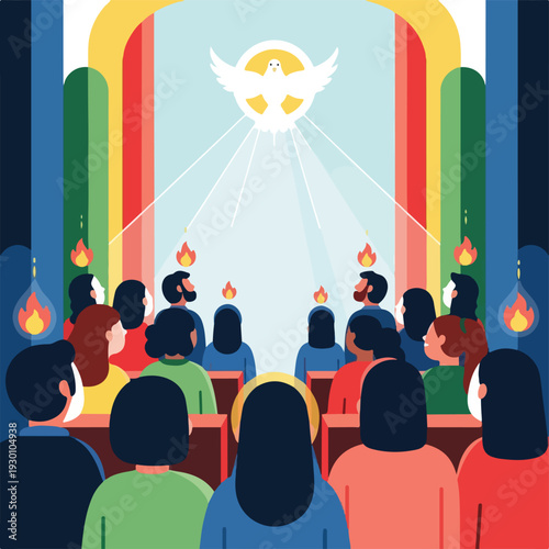 Illustration of a religious scene depicting people in a church receiving blessing