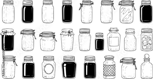 Hand-drawn collection of various vintage and modern glass jars and bottles for food preservation, storage, and home decor, isolated on white background.