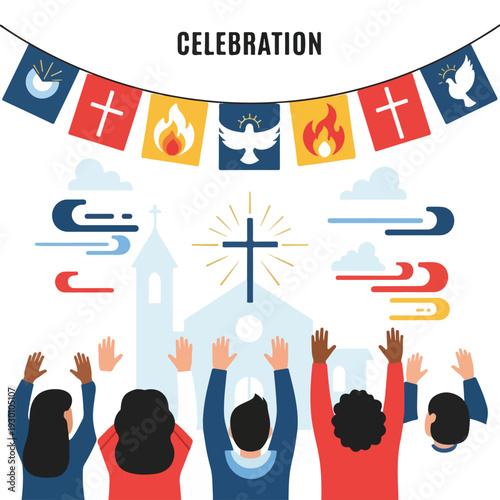 Illustration of a religious service with people raising their hands in worship