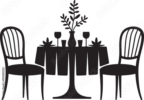 Black silhouette of a table set for two with chairs