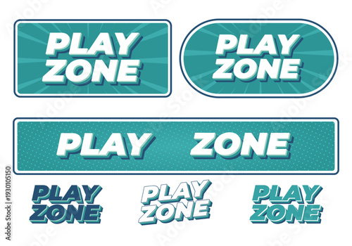 Collection of teal retro play zone badge designs in various rectangular, rounded and stacked 3d styles, white bold lettering and subtle halftone and radial backgrounds.