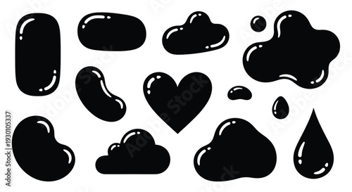 Collection of Black Liquid Splashes and Shapes.