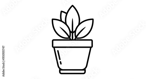 Minimalist black outline drawing of a small potted plant icon illustrating indoor gardening and