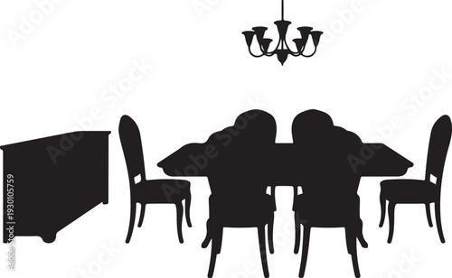 Black silhouette of dining room with table chairs and chandelier