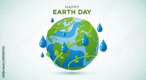 Happy earth day illustration with green globe blue water drops and sprouting vines on white background
