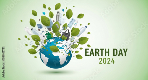Earth day 2024 globe with leaves and eco friendly items emerging symbolizing sustainability and environmental awareness on a green background