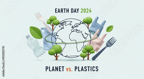 Earth day 2024 planet vs plastics illustration with globe trees and recycling symbols