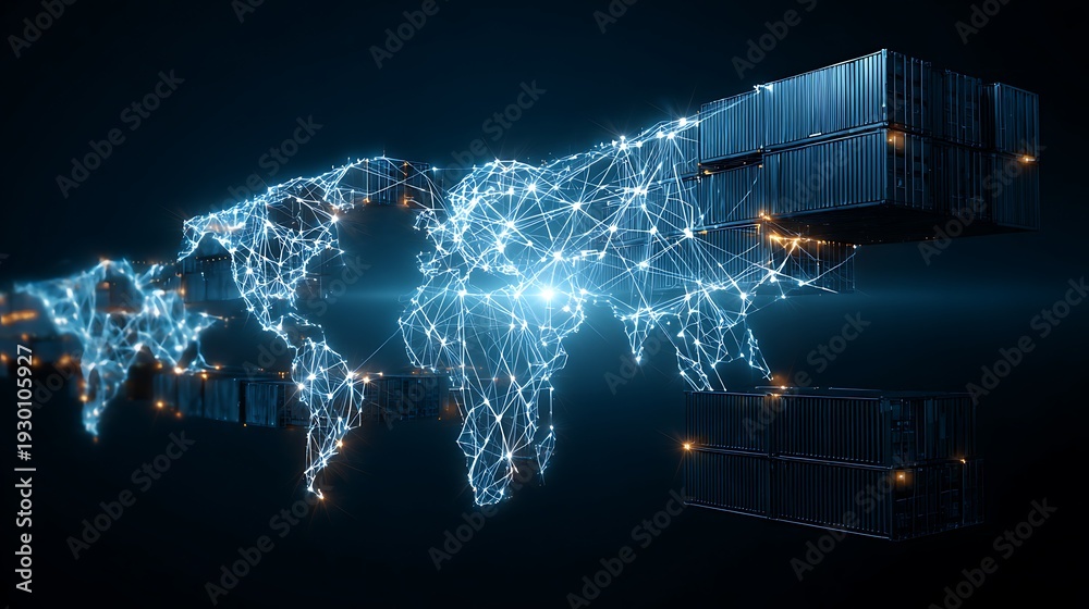 Obraz premium blockchain trade insurance network, glowing cargo insurance smart contracts across global logistics map