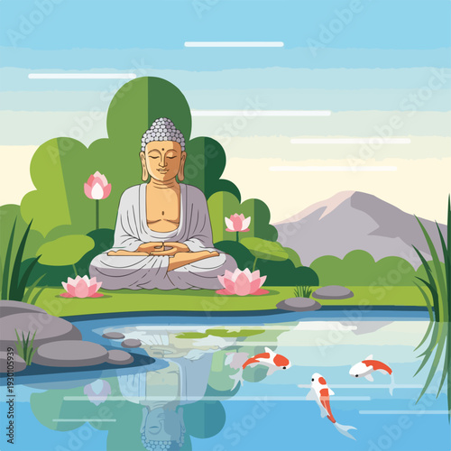 Illustration of a serene pond scene with a meditative figure and colorful koi