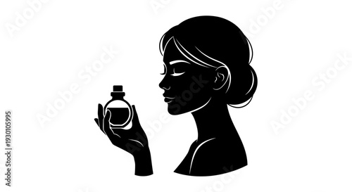 Elegant silhouette of a woman experiencing a delicate fragrance from a sophisticated small bottle