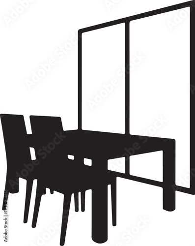 Black silhouette of dining table and chairs with room divider