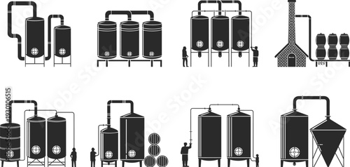 Vector, Illustration, Set, of, Industrial, Brewery, and, Distillery, Plant, Silhouettes, for, Manufacturing, Identity, Branding, Professional, Graphic, Design, Projt, 