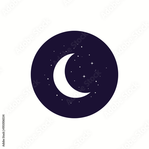 Moon crescent within dark circle with stars