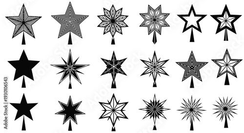 Collection of eighteen decorative black and white Christmas star silhouettes featuring various geometric patterns for festive holiday tree top decorations.t