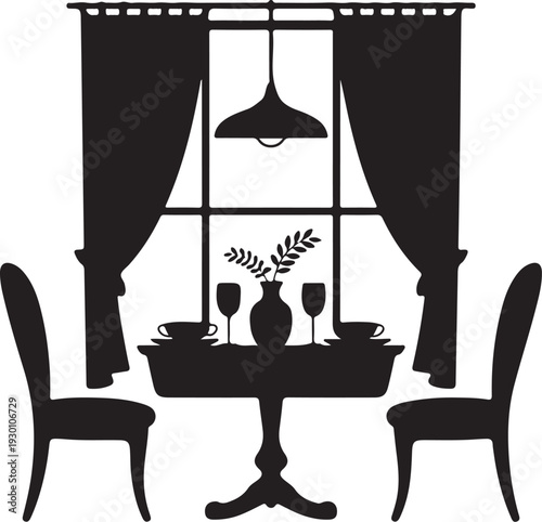 Black silhouette of dining table set by window with curtains