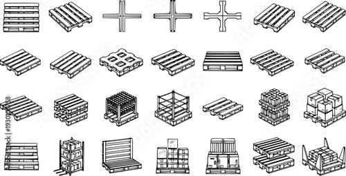 Pallet Icons Set: Isometric Line Art of Pallets, Stacked Pallets, Boxes, and Transportation Equipment for Shipping and Logistics.