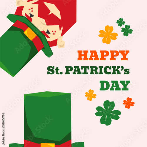Happy St. Patrick's Day square vector banner template. Simple graphic holiday design. Cute leprechaun face, top hat icon, many four leaf clovers. Big text. Funny festive card. Ads poster, flyer layout