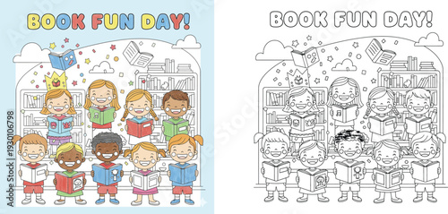Vector illustration of Book Fun Day with happy diverse children reading in library including coloring page outline