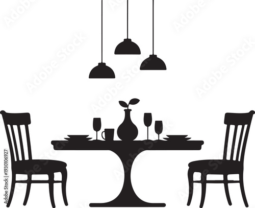 Black silhouette of dining table set for two with chairs and pendant lights