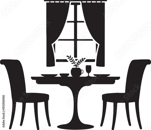 Black silhouette of dining table set for two by window